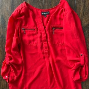 “My Michelle” 3/4 roll-up sleeve Large size woman’s red with silver button shirt